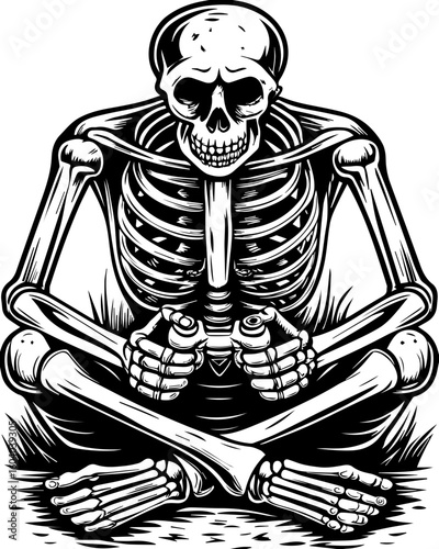 SVG of a street-style skeleton with hip hop flair in bold tattoo design. Detailed Illustration of a Sitting Skeleton with Expressive Features
