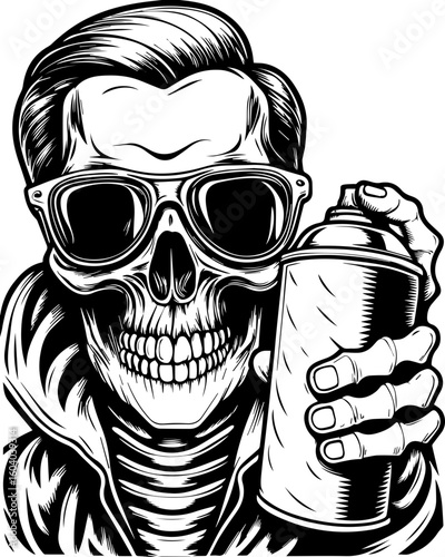 SVG of a street-style skeleton with hip hop flair in bold tattoo design. Edgy Skull with Sunglasses Holding Spray Can for Street Art Vibes