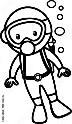 Line Art scuba diver with bubbles
