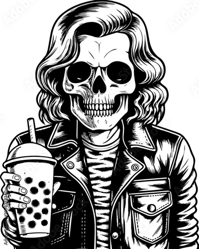 SVG of a street-style skeleton with hip hop flair in bold tattoo design. Skeleton with Drink in Hand Wearing Stylish Jacket and Long Hair