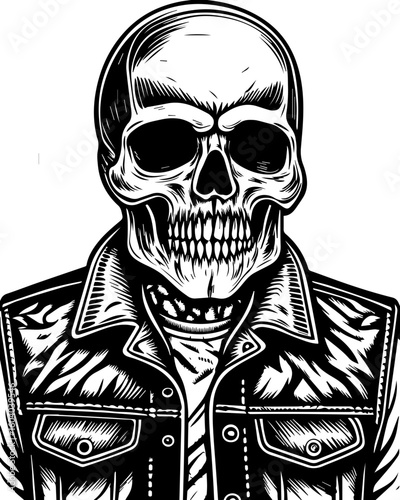 SVG of a street-style skeleton with hip hop flair in bold tattoo design. Skull Illustration in Leather Jacket with Bold Graphic Lines