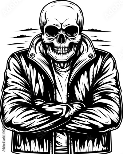 SVG of a street-style skeleton with hip hop flair in bold tattoo design. Stylized Skull Character in Leather Jacket Against Mountain Landscape