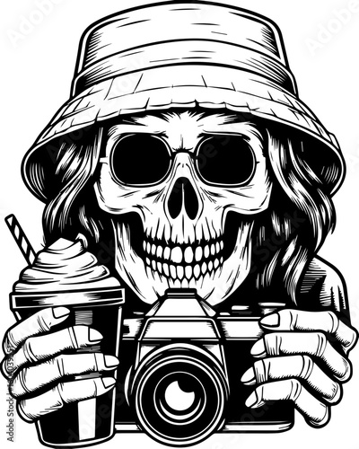 SVG of a street-style skeleton with hip hop flair in bold tattoo design. Skull Character with Camera and Drink in Vintage Style Illustration