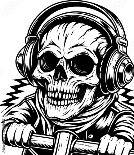 SVG of a street-style skeleton with hip hop flair in bold tattoo design. Skull with Headphones and Motorcycle Vibes in Black and White Art