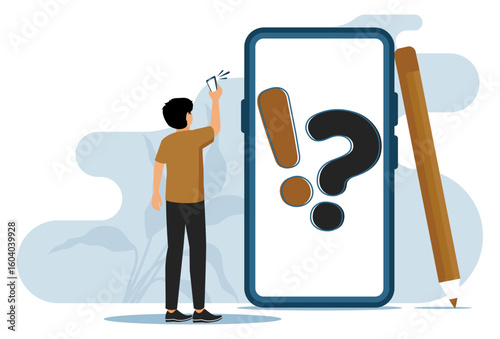Man  Interacting With Smartphone Displaying Large Symbols and Questions.