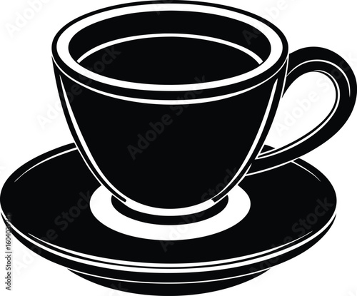 Vector art of a black and white illustration of a coffee cup on a saucer with simple design