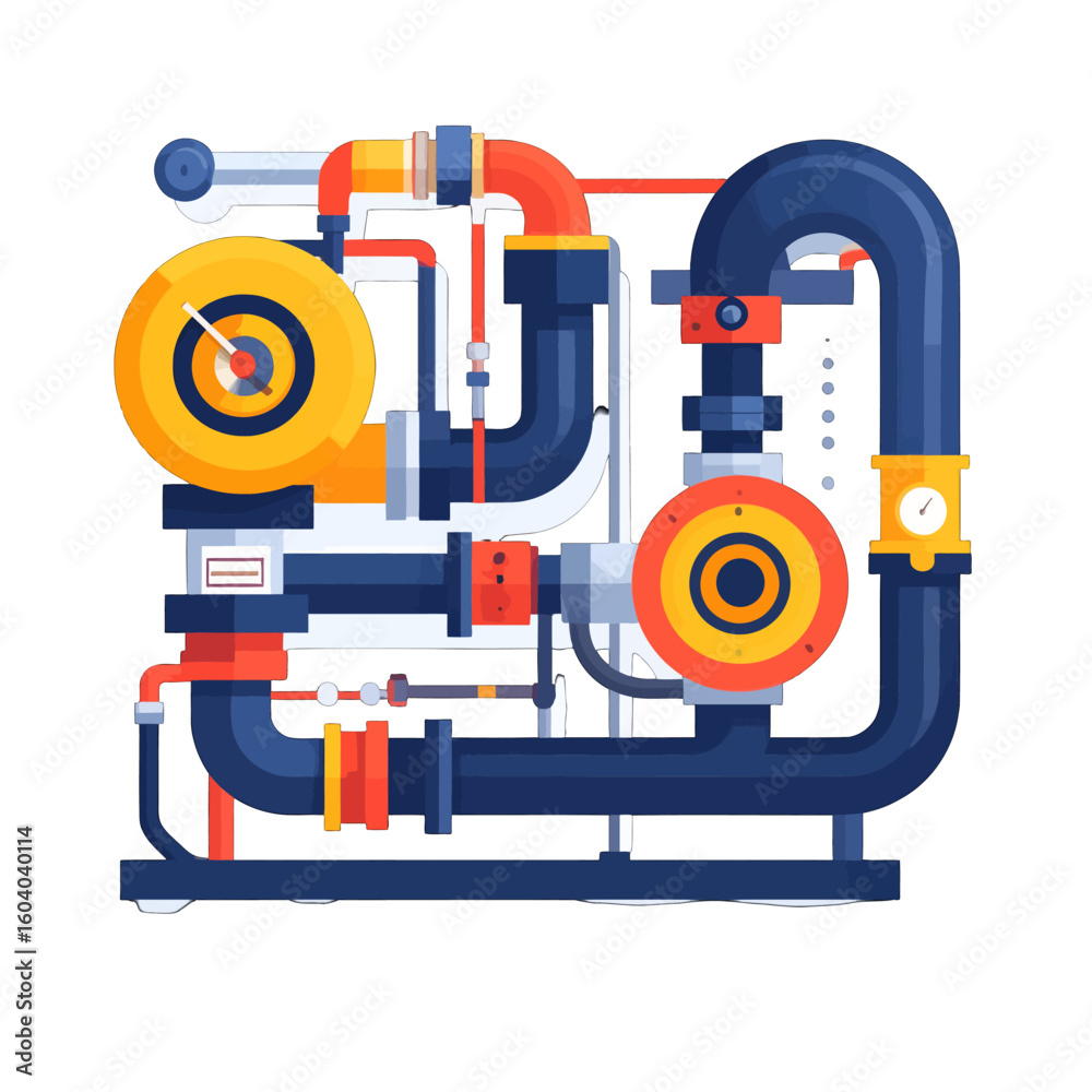 Fototapeta premium Colorful Industrial Machine with Interconnected Pipes, Gauges, and Pumps