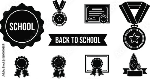 Vector art of a collection of black and vector icons featuring back to school themes including medals certificates and school emblems