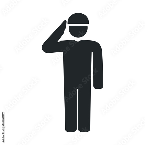 Monochrome saluting figure icon on white background