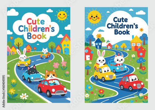 Cheerful Children's Book Design with Cute Animals Driving Cars