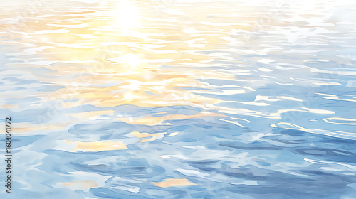 Calm sea surface with a golden sun reflection at sunrise. A tranquil and peaceful abstract watercolor illustration of the ocean.
