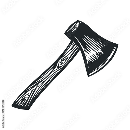 Vintage wooden handled axe illustration with detailed texture