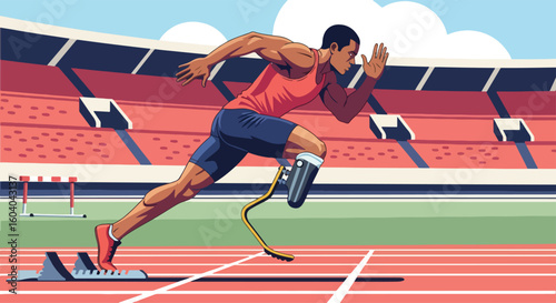 Adobe Illustrator artwork flat style illustration of a powerful male athlete with a prosthetic leg starting a sprint on a track in a stadium. Emphasizing disabled sports in paralympics summer games