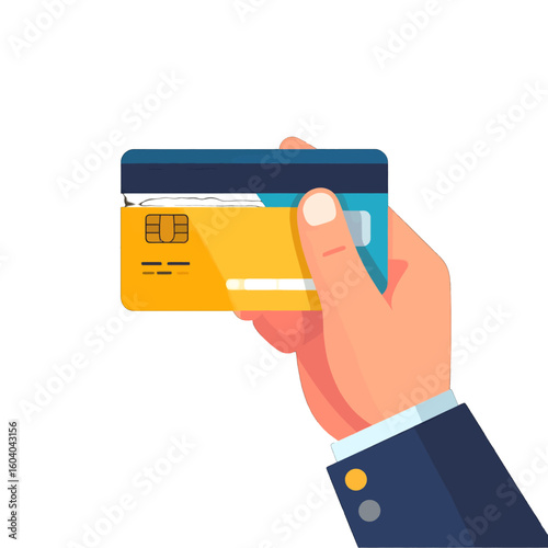 Flat vector illustration of a businessman's hand in a blue suit holding a yellow and blue credit card with an EMV chip.