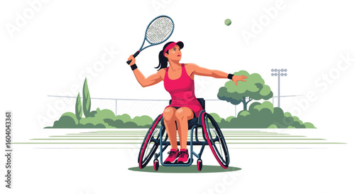 Adobe Illustrator artwork flat style illustration of a determined female athlete in a wheelchair serving a tennis ball on a court. Emphasizing disabled sports in paralympics summer games