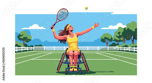 Adobe Illustrator artwork flat style illustration of a determined female athlete in a wheelchair serving a tennis ball on a court. Emphasizing disabled sports in paralympics summer games