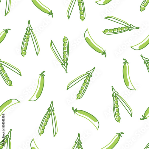 Hand-drawn pattern with green pea pods and opened peas on white background. Seamless vegetable texture. Fresh organic food and healthy eating concept