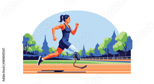 Adobe Illustrator artwork flat style illustration of a determined female athlete with a prosthetic leg sprinting on a track in a stadium. Emphasizing disabled sports in paralympics summer games