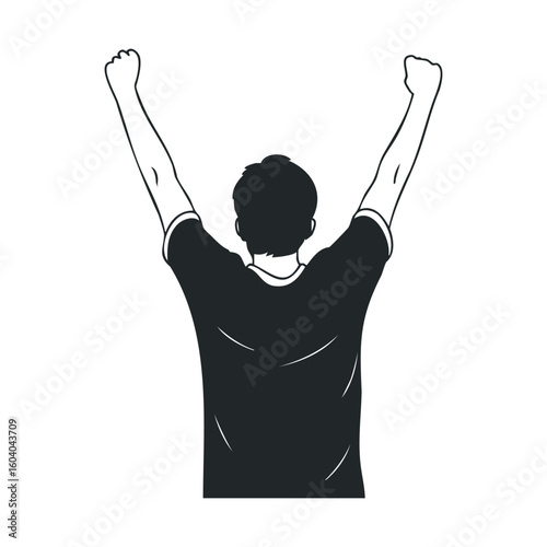 Silhouette of triumphant male with raised arms in black and white