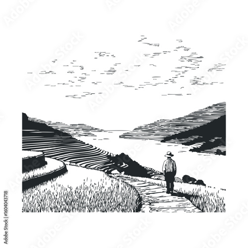 Scenic landscape with pathway and lone figure in hat, black and white art