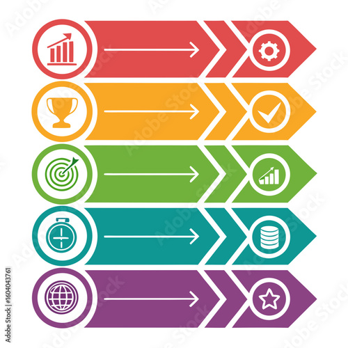 Colorful horizontal infographic with six steps and icons for business progress timeline