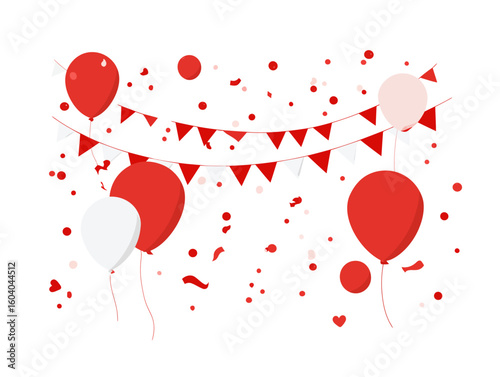 Red and white party elements including balloons bunting flags and confetti create a festive celebration background.

