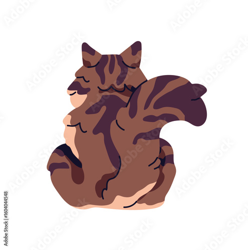 Big fluffy cat sits back view. Behind of furry kitty with striped coat. Backside of cute kitten with wagging tail. Turned away domestic animal, funny pet. Flat isolated vector illustration on white