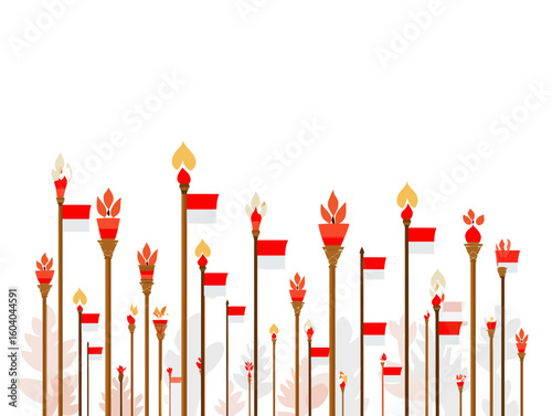 A row of stylized torches with flames and Indonesian flags symbolizes the burning spirit of independence day celebration.

