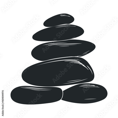 Balanced stack of smooth black stones on white background
