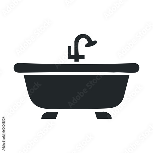 Simple black bathtub icon with showerhead on white background