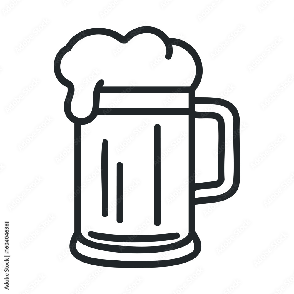 Foamy beer mug icon in black and white line art Foamy beer mug icon in black and white line art