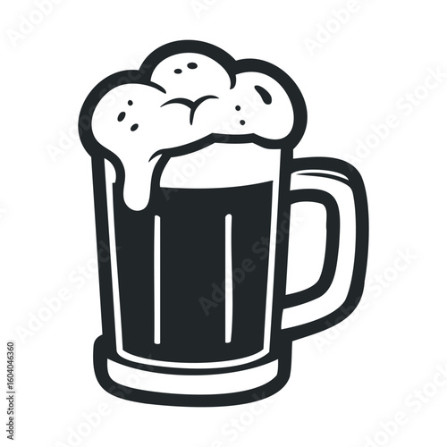 Foamy beer mug illustration: classic black and white beverage design with overflowing foam