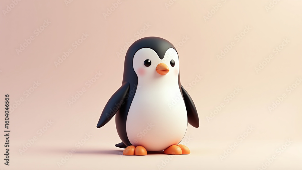 Obraz premium Cartoon penguin with black and white body and orange beak sits against a gentle pink-beige gradient. 