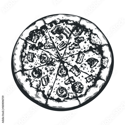 Hand-drawn black and white pizza illustration with detailed toppings