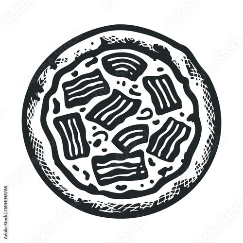 Hand-drawn black and white pizza illustration with rectangular toppings