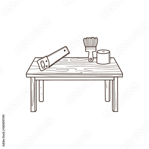 Doodle of a wood countertop with saw and polishing cloth