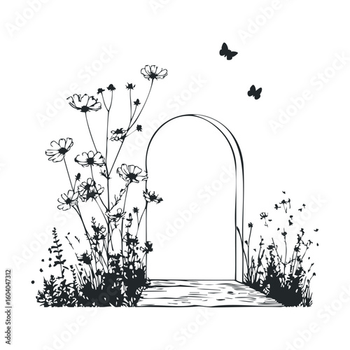Arched garden pathway with wildflowers and butterflies in black and white illustration