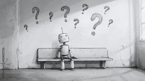 Robot in thought: A monochrome drawing of a small robot pondering amidst floating question marks, seeking answers.