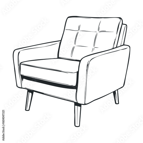 Mid-century modern armchair sketch with button tufting and wooden legs