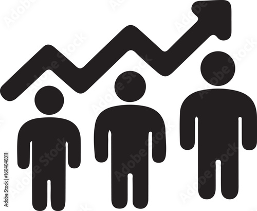 Three people figures with upward trending graph business