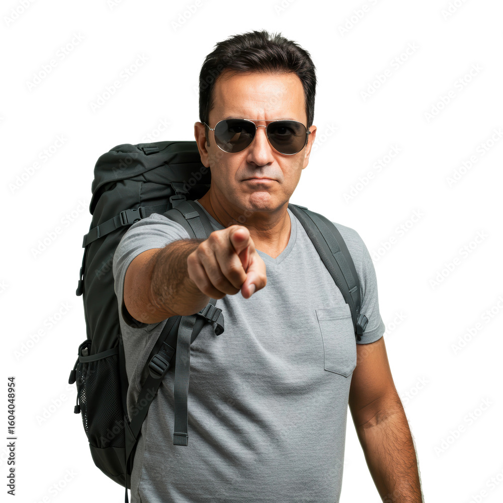 Naklejka premium A man with a backpack points his finger directly at the camera, creating a sense of focus.