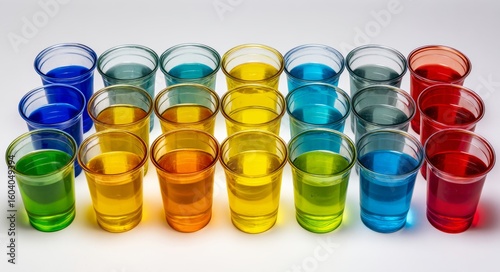 Clear plastic cups filled with colorful jelly shots are neatly arranged in rows for a celebratory party