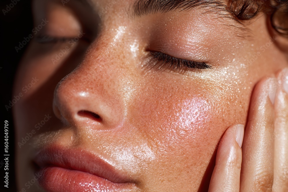 Fototapeta premium Close-up shot of woman's face with shiny skin, freckles, and hand near cheek. Perfect for beauty products, skincare ads, and health related themes.