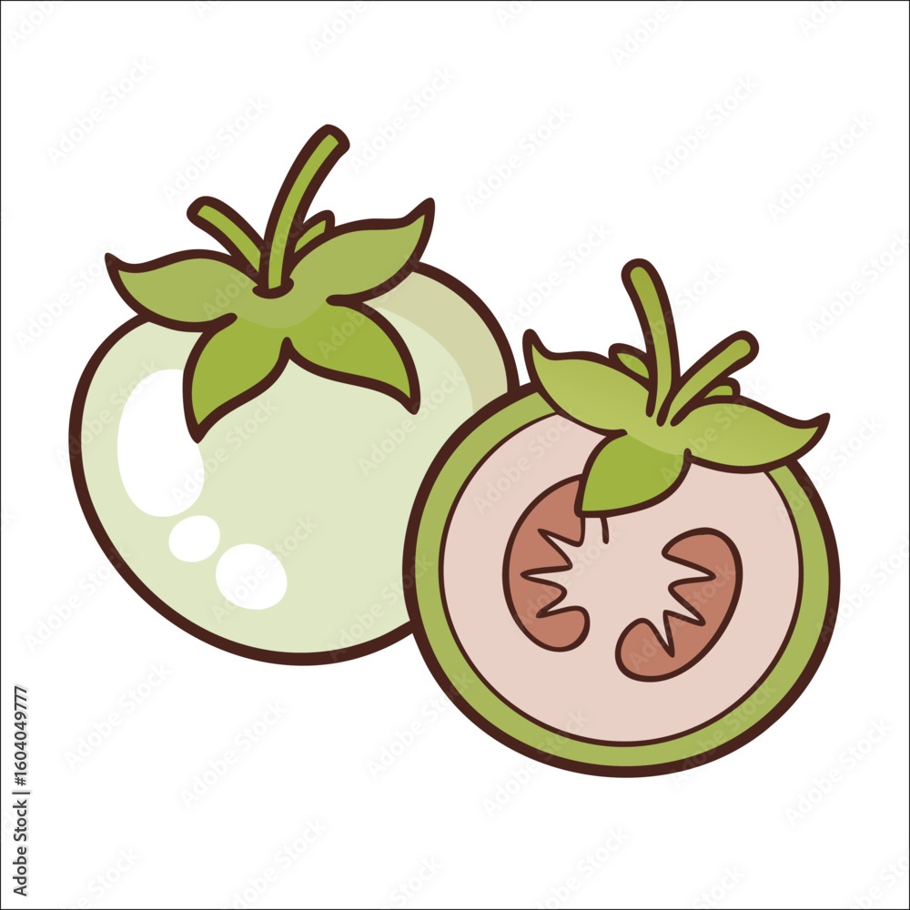 Fototapeta premium Fresh Tomatillo Cartoon Illustration with Cut Section on a Clean White Background