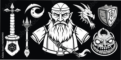 Vector illustration set of fantasy rpg elements featuring a warrior, dragon head, and various stylized weaponry