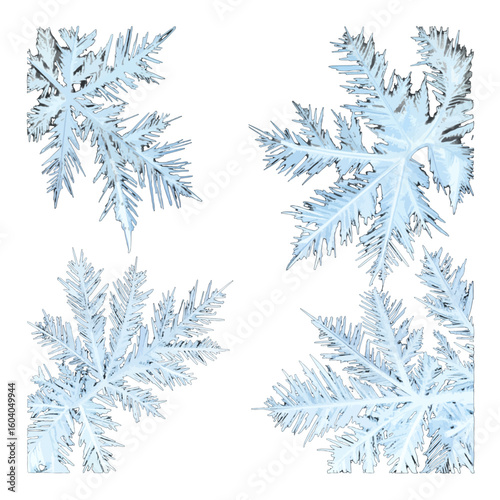 Collection of four intricate, fern-like frost patterns with sharp, icy textures.