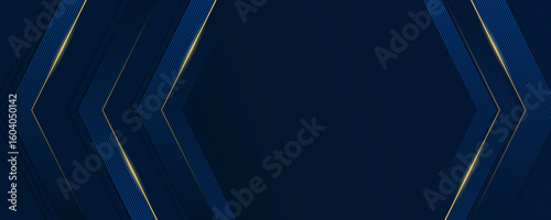 Dark navy banner with blue and gold lines. Geometric background