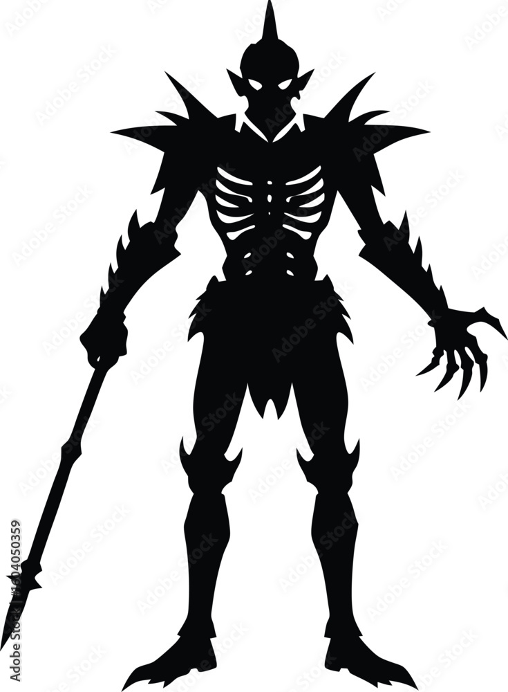 Fototapeta premium Silhouette of a Spiky Skeletal Warrior Holding a Spear new 2025 trendy
