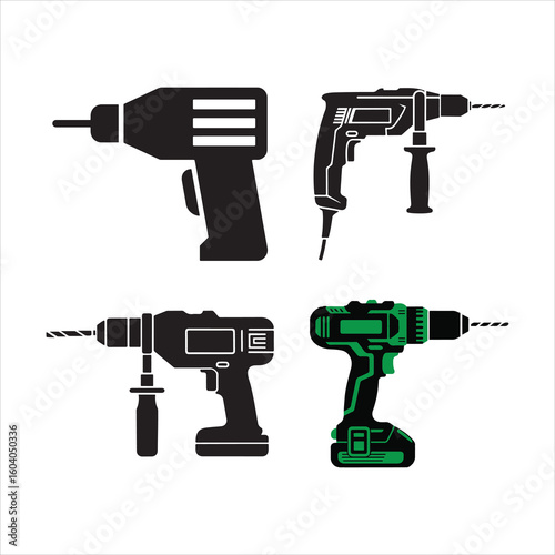 Collection of four different cordless power drills in black and green silhouettes