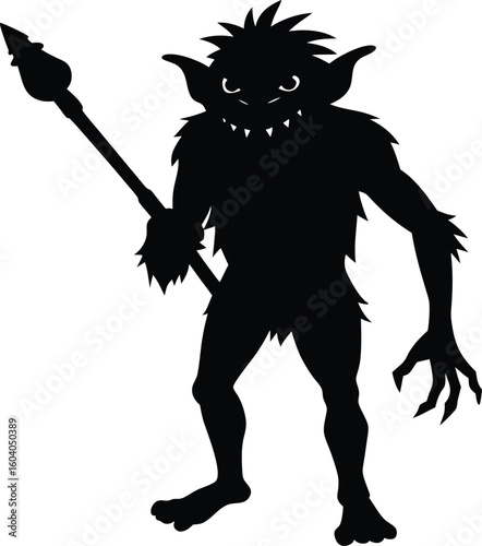Silhouette of a menacing mythical creature holding a spear with sharp teeth and pointy ears new 2025 trendy